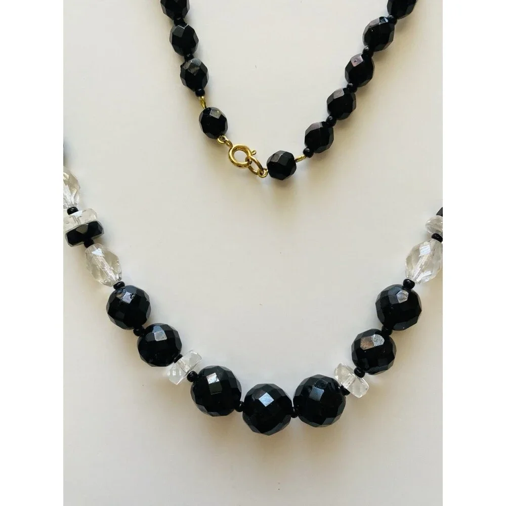 VTG  Estate French Jet & Cut Glass Bead Necklace 30 Inch Black & Clear Faceted
